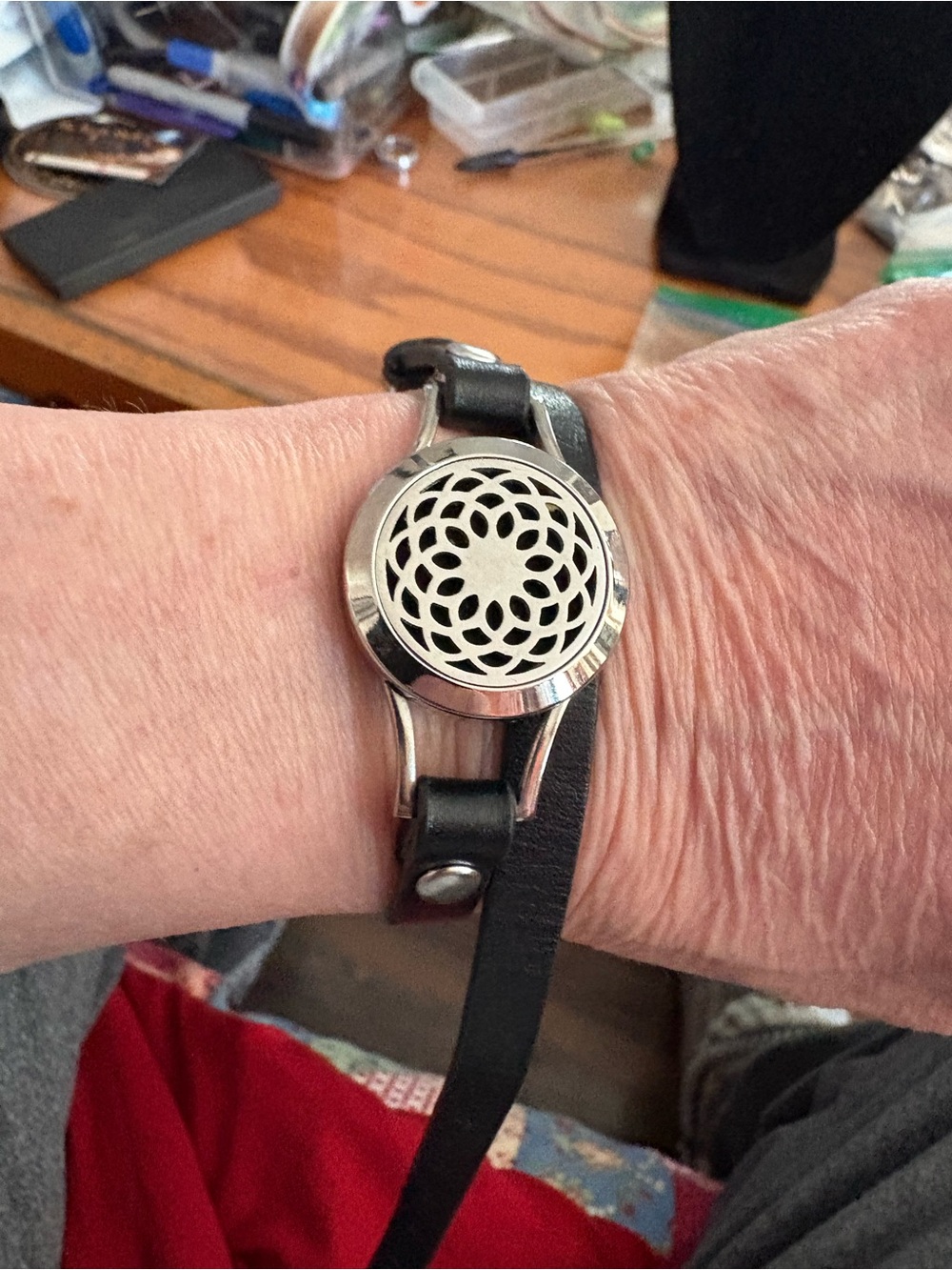 Silver Floral Vent Aromatherapy Bracelet with Black Leather Strap